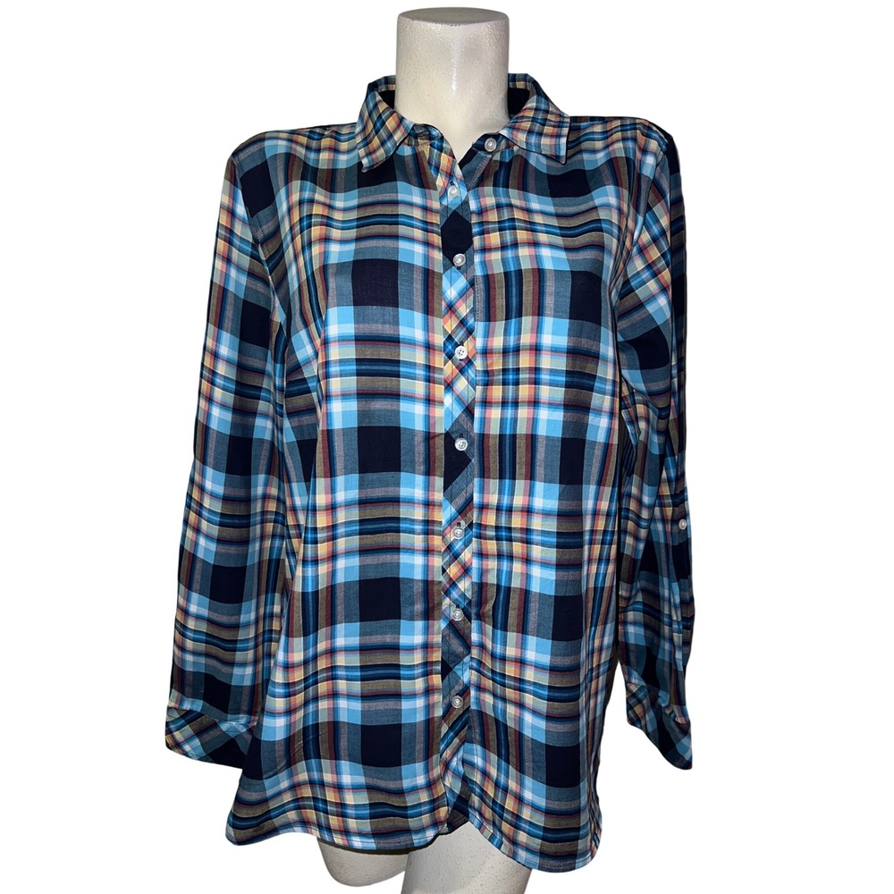 Talbots Women's XL Plaid Button Down Shirt Long Sleeve Casual Lightweight Blue